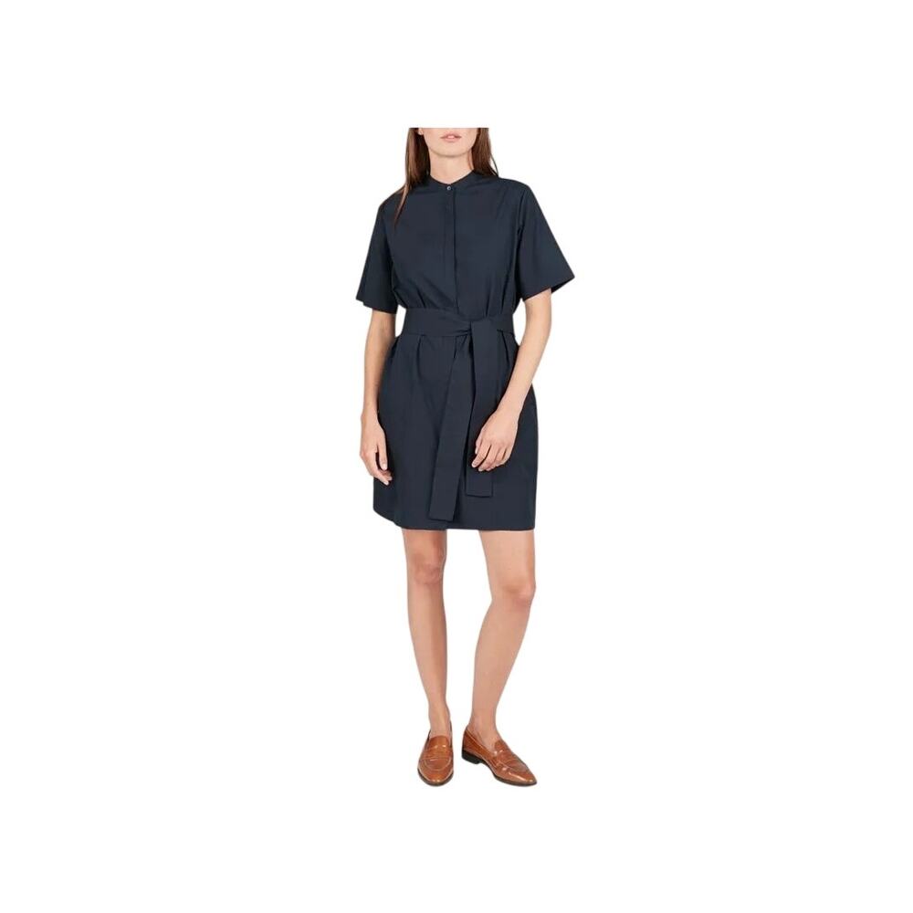Everlane Cotton Collarless Shirtdress 10 navy blue 100% cotton poplin belt